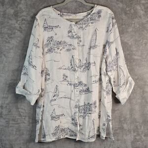 Cynthia Rowley 100% Linen Button Up Plus Size 2X Nautical Boat Print